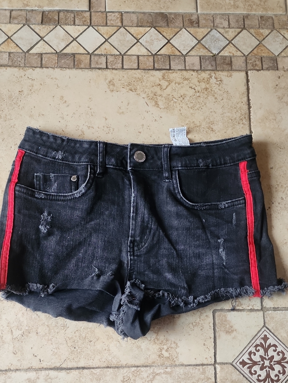 Zara Black Denim Shorts with Red Side Stripes
